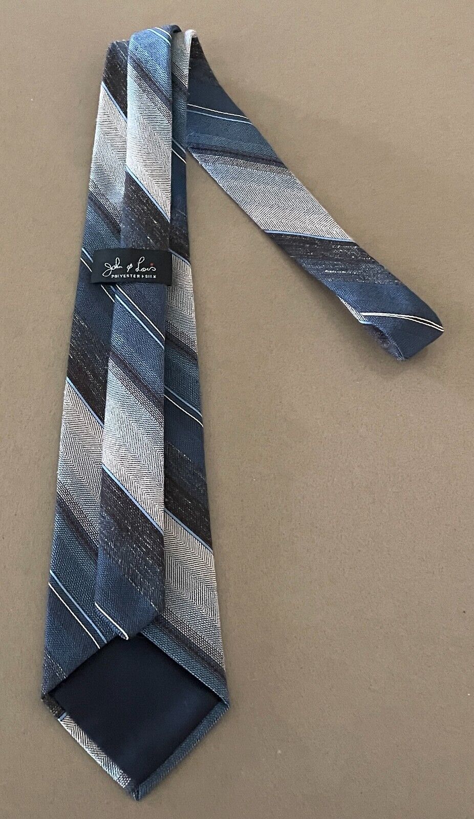 NeckTie JOHN & LOIS Polyester Silk Blend Blue Shades Brown Off White Stripe Tie