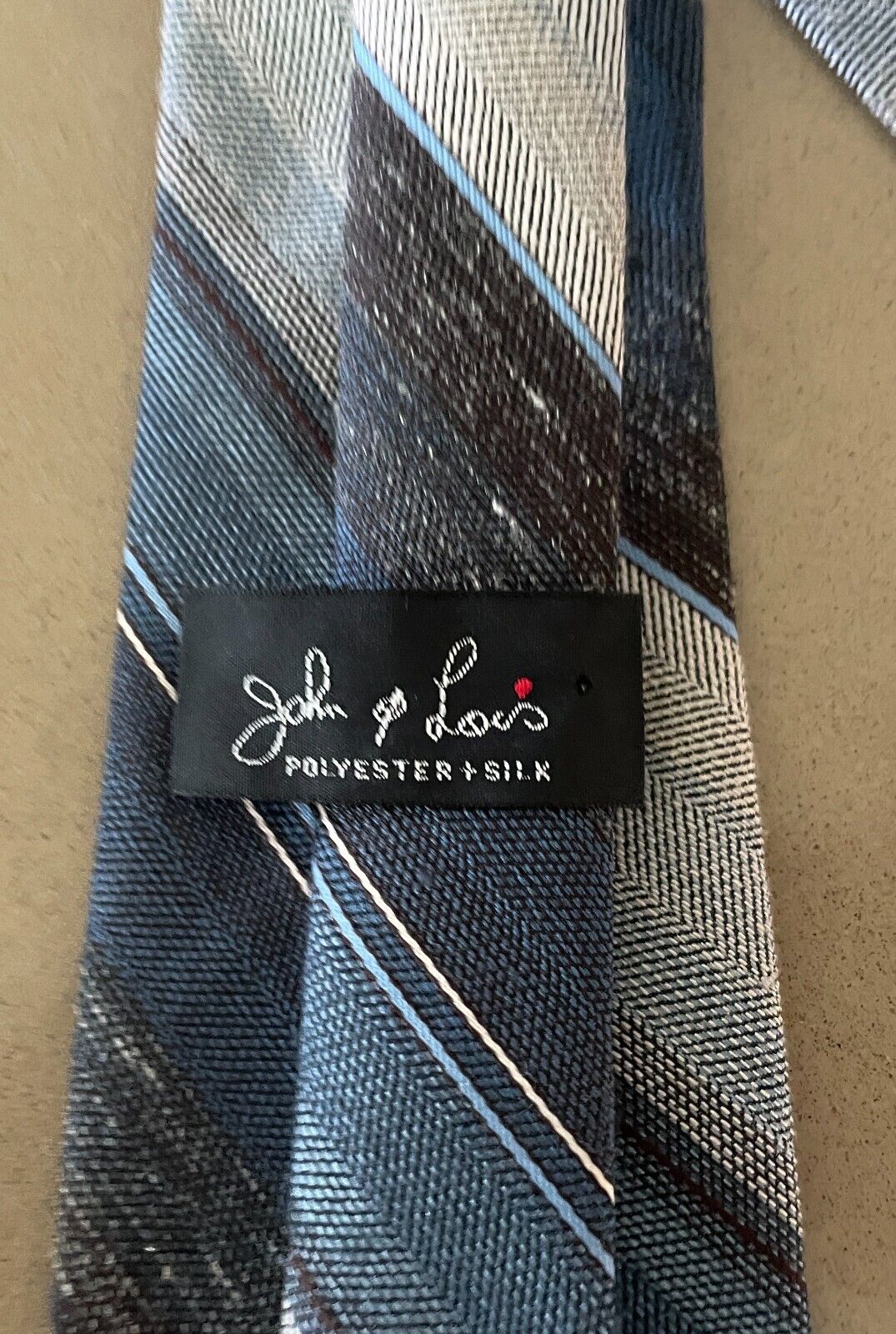 NeckTie JOHN & LOIS Polyester Silk Blend Blue Shades Brown Off White Stripe Tie