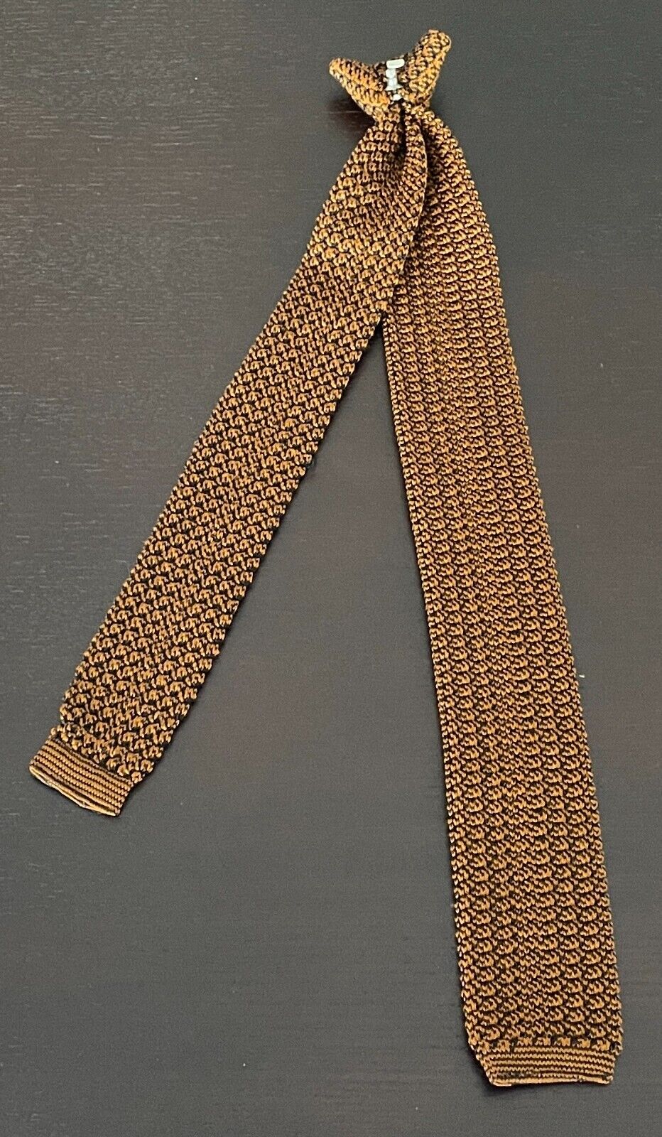 SNAPPER Clip On NeckTie Orange Knitted Square End Pre-Tied Mens Neck Tie Vintage