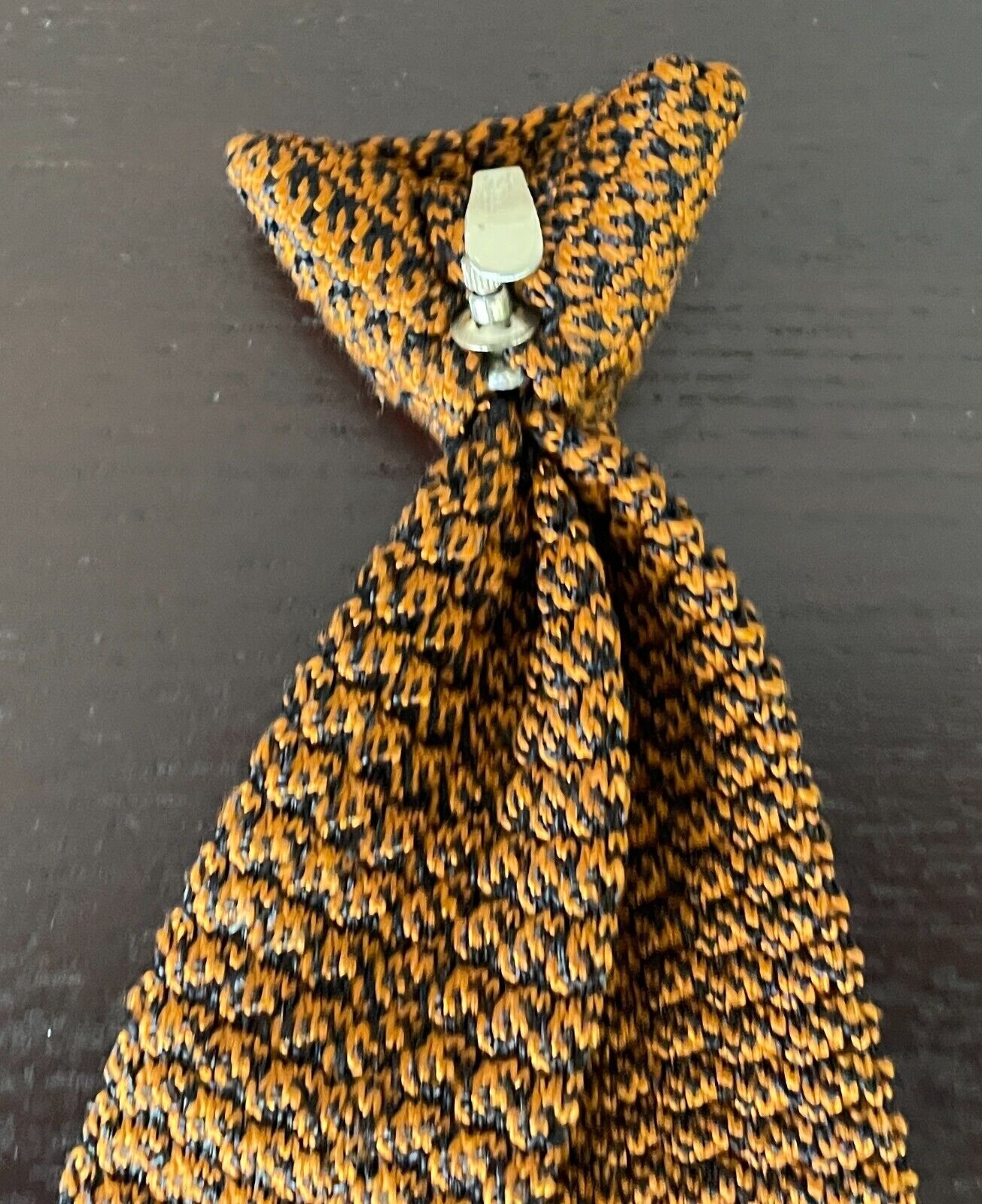 SNAPPER Clip On NeckTie Orange Knitted Square End Pre-Tied Mens Neck Tie Vintage