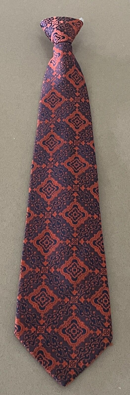 TRE VIRA LIDO NeckTie Clip On Orange Navy Brocade Pre-Tied Polyester Vintage Tie