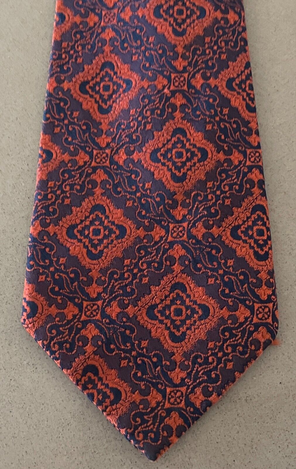 TRE VIRA LIDO NeckTie Clip On Orange Navy Brocade Pre-Tied Polyester Vintage Tie