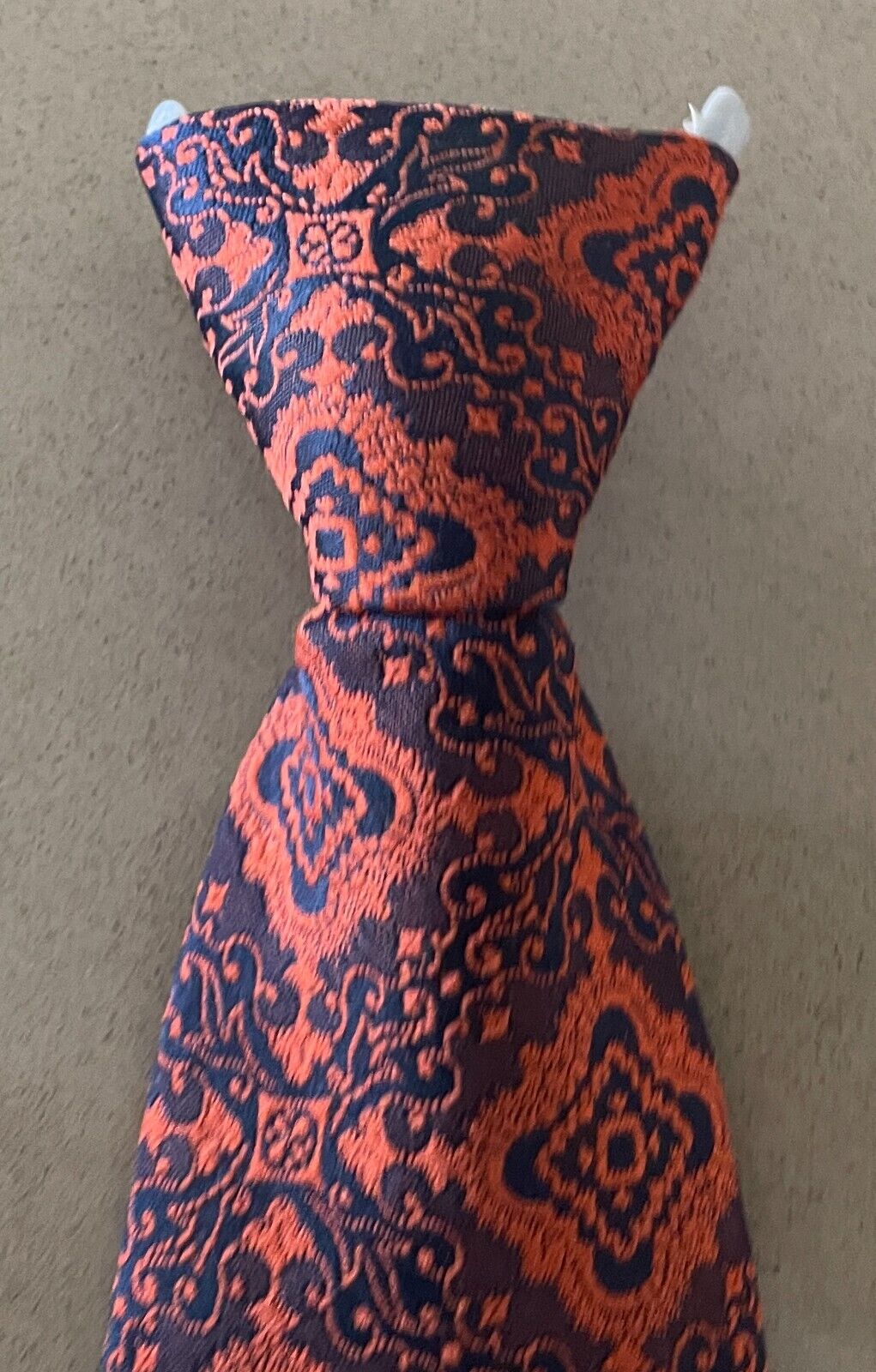 TRE VIRA LIDO NeckTie Clip On Orange Navy Brocade Pre-Tied Polyester Vintage Tie