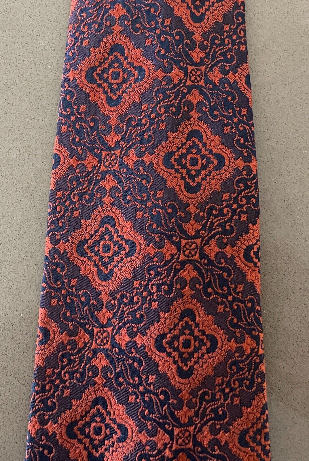 TRE VIRA LIDO NeckTie Clip On Orange Navy Brocade Pre-Tied Polyester Vintage Tie