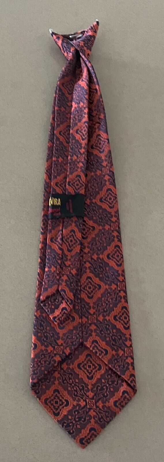 TRE VIRA LIDO NeckTie Clip On Orange Navy Brocade Pre-Tied Polyester Vintage Tie