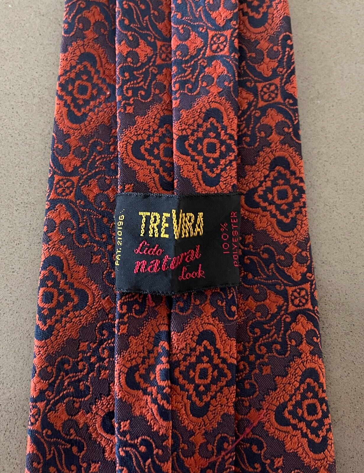 TRE VIRA LIDO NeckTie Clip On Orange Navy Brocade Pre-Tied Polyester Vintage Tie