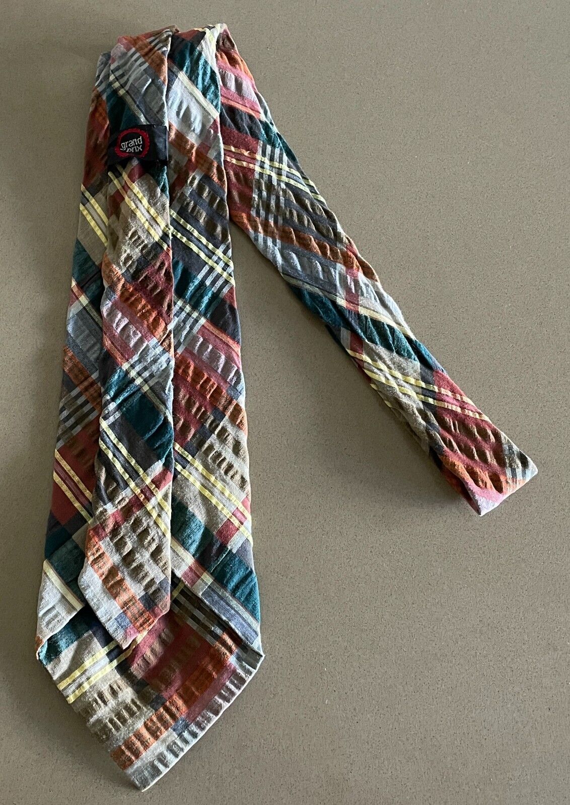 Mens Vintage NeckTie GRAND PRIX Multicolour Plaid Check Seersucker Cotton Tie