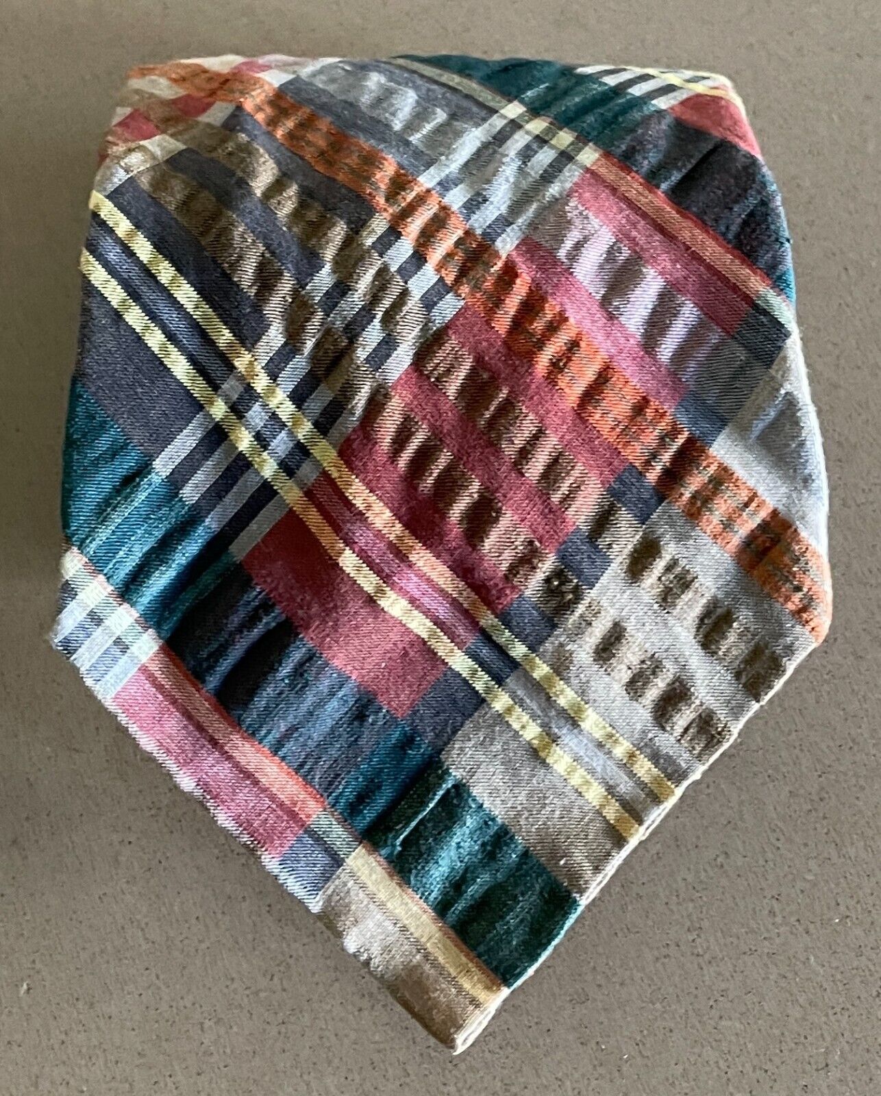 Mens Vintage NeckTie GRAND PRIX Multicolour Plaid Check Seersucker Cotton Tie