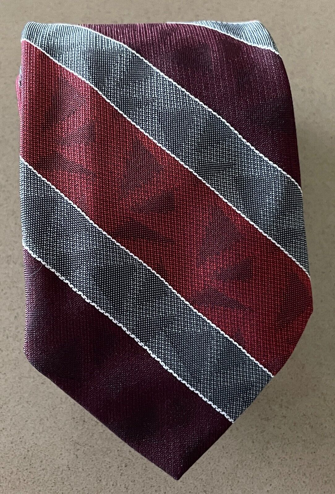 Mens Vintage 1980's DOM CARIOLLE NeckTie Maroon Grey Burgundy Stripe Neck Tie