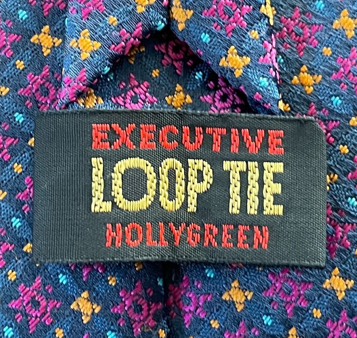 Vintage NeckTie HOLLYGREEN Executive Loop Tie Cerise Blue Orange Print Pre-Tied