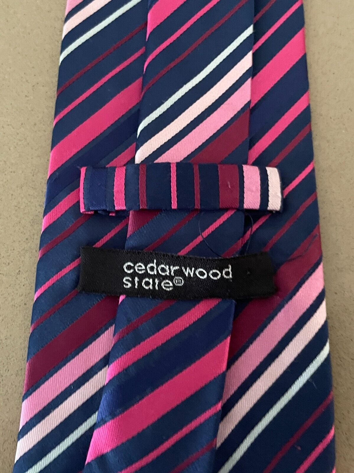 NeckTie CEDAR WOOD STATE Pink Shades & Blue Stripe Polyester 9.5cm Wide Tie