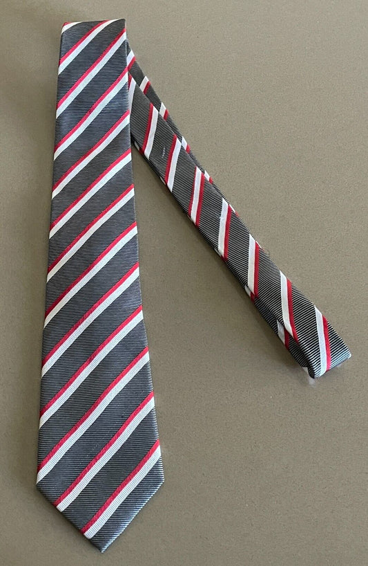 Mens Silk Tie TRENT NATHAN Grey Red White Stripe  Classic NeckTie Elegance