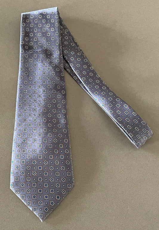 Mens NeckTie Grey Base w Gold Navy Off White Print Standard Width Neck Tie