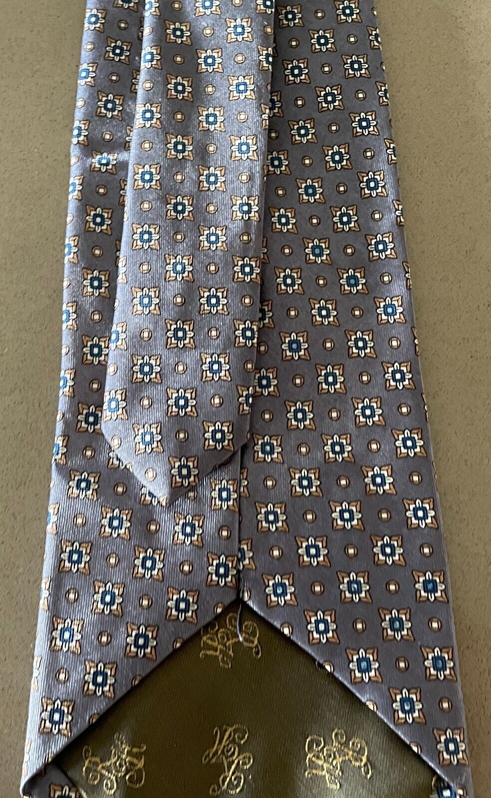 Mens NeckTie Grey Base w Gold Navy Off White Print Standard Width Neck Tie