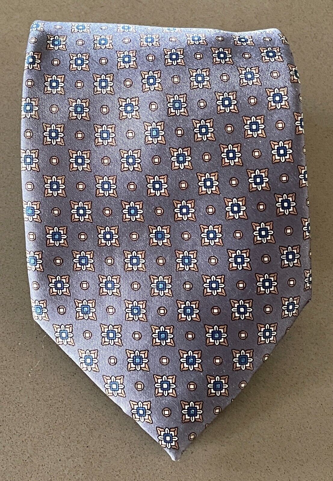 Mens NeckTie Grey Base w Gold Navy Off White Print Standard Width Neck Tie