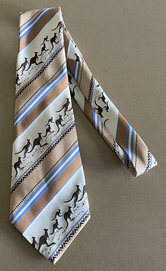 Vintage Mens NeckTie HOLLY GREEN Brown Beige Blue Caramel Stripe Kangaroo Tie