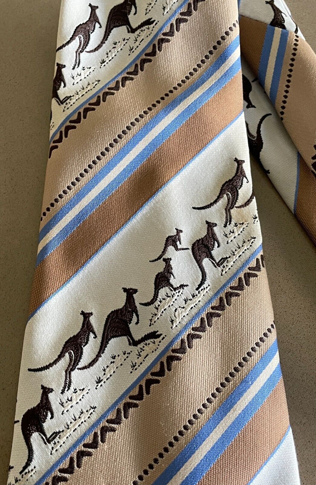 Vintage Mens NeckTie HOLLY GREEN Brown Beige Blue Caramel Stripe Kangaroo Tie