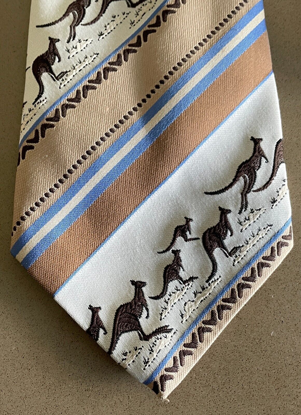 Vintage Mens NeckTie HOLLY GREEN Brown Beige Blue Caramel Stripe Kangaroo Tie