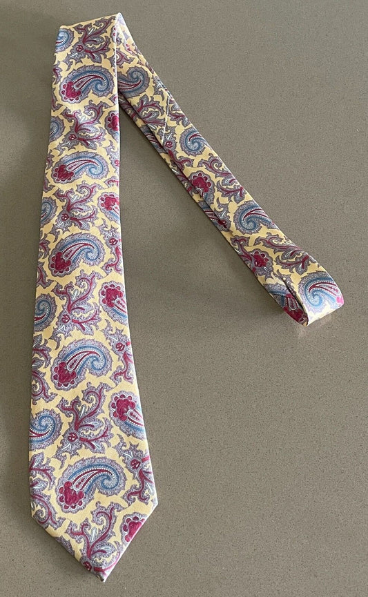 Mens Silk Tie YVES SAINT LAURENT NeckTie Pale Yellow Multicolour Paisley Print