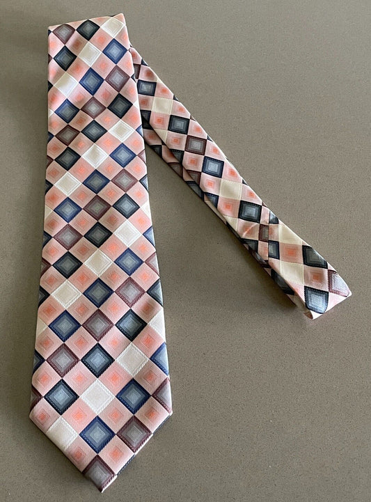 Mens Silk Tie MILIMETRIC Bespoke Peach Grey Brown Cream Tile Print NeckTie