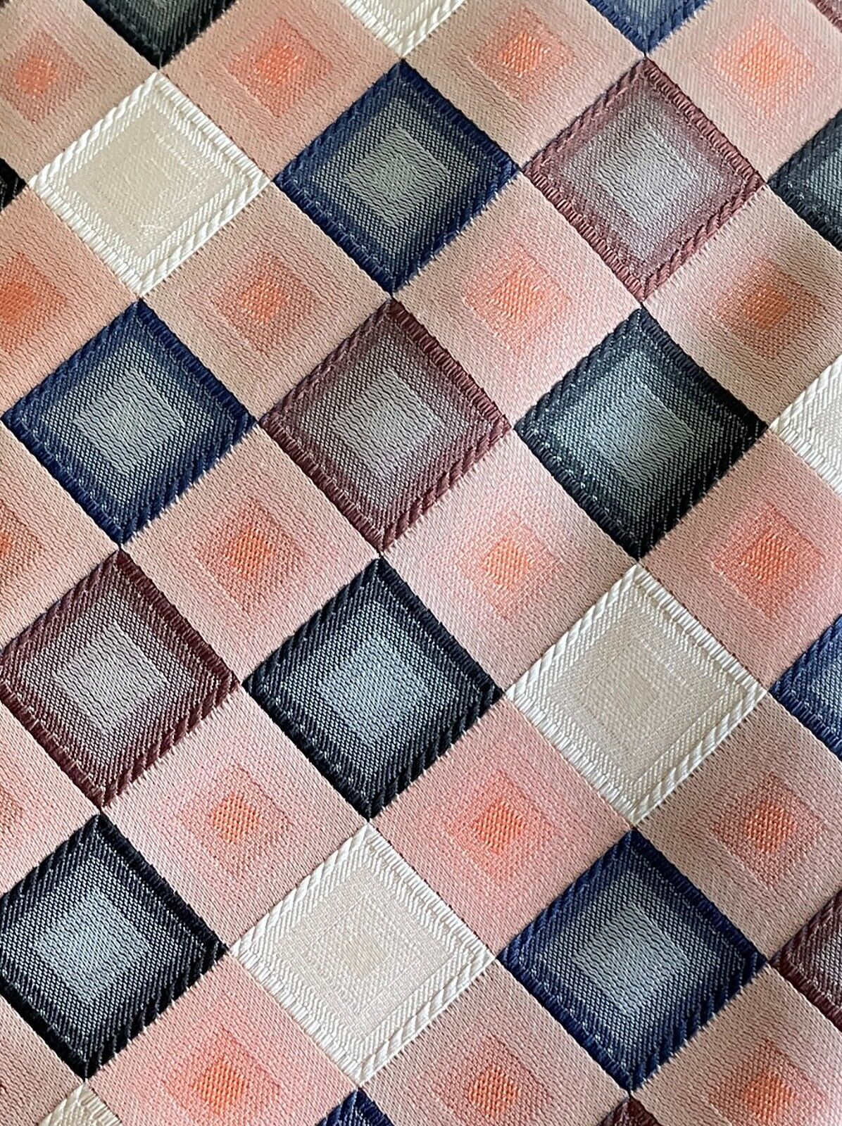Mens Silk Tie MILIMETRIC Bespoke Peach Grey Brown Cream Tile Print NeckTie