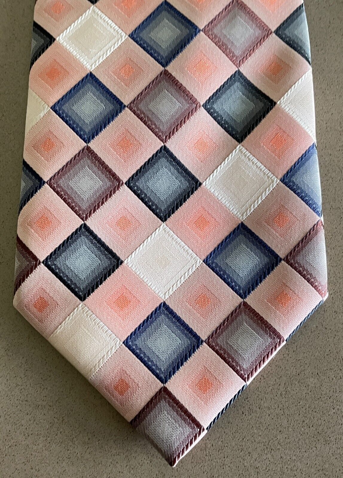 Mens Silk Tie MILIMETRIC Bespoke Peach Grey Brown Cream Tile Print NeckTie