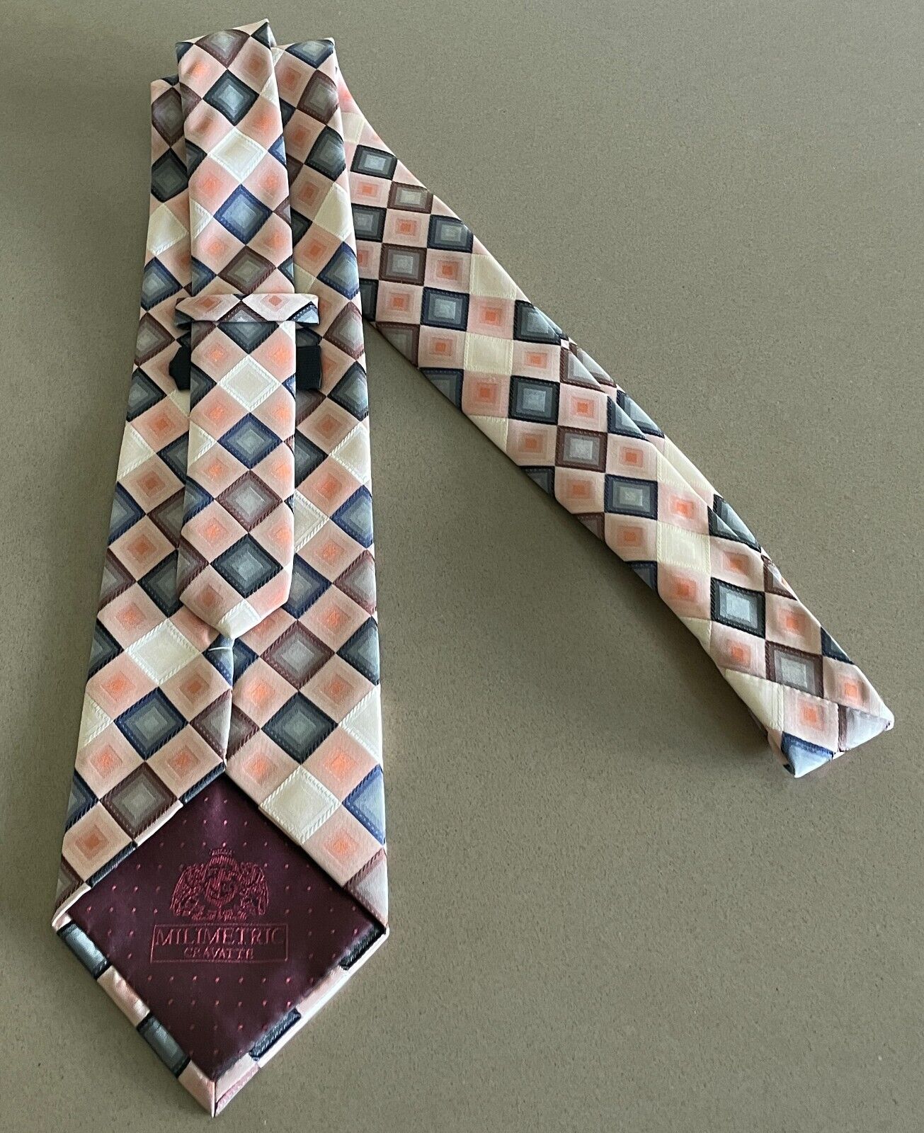 Mens Silk Tie MILIMETRIC Bespoke Peach Grey Brown Cream Tile Print NeckTie