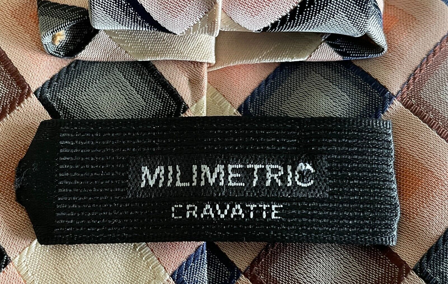 Mens Silk Tie MILIMETRIC Bespoke Peach Grey Brown Cream Tile Print NeckTie