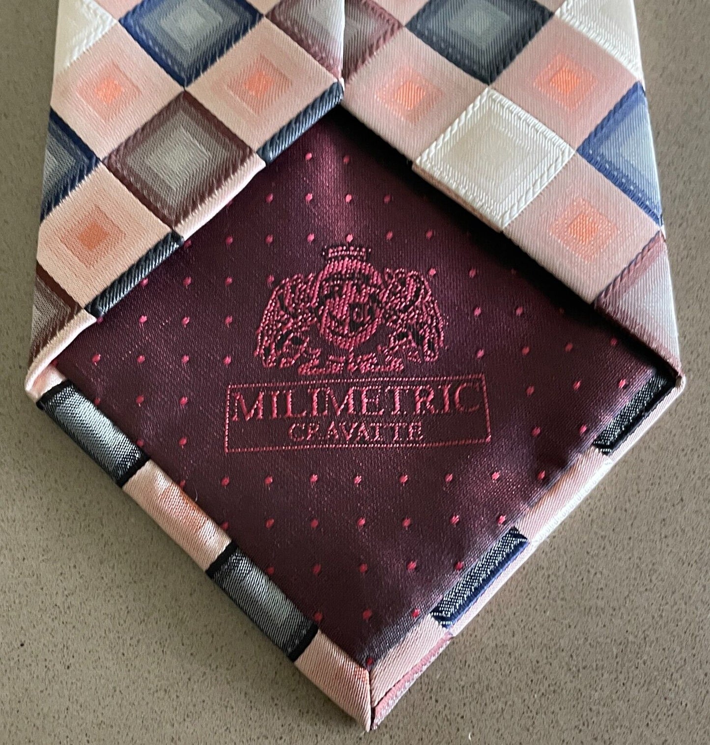 Mens Silk Tie MILIMETRIC Bespoke Peach Grey Brown Cream Tile Print NeckTie