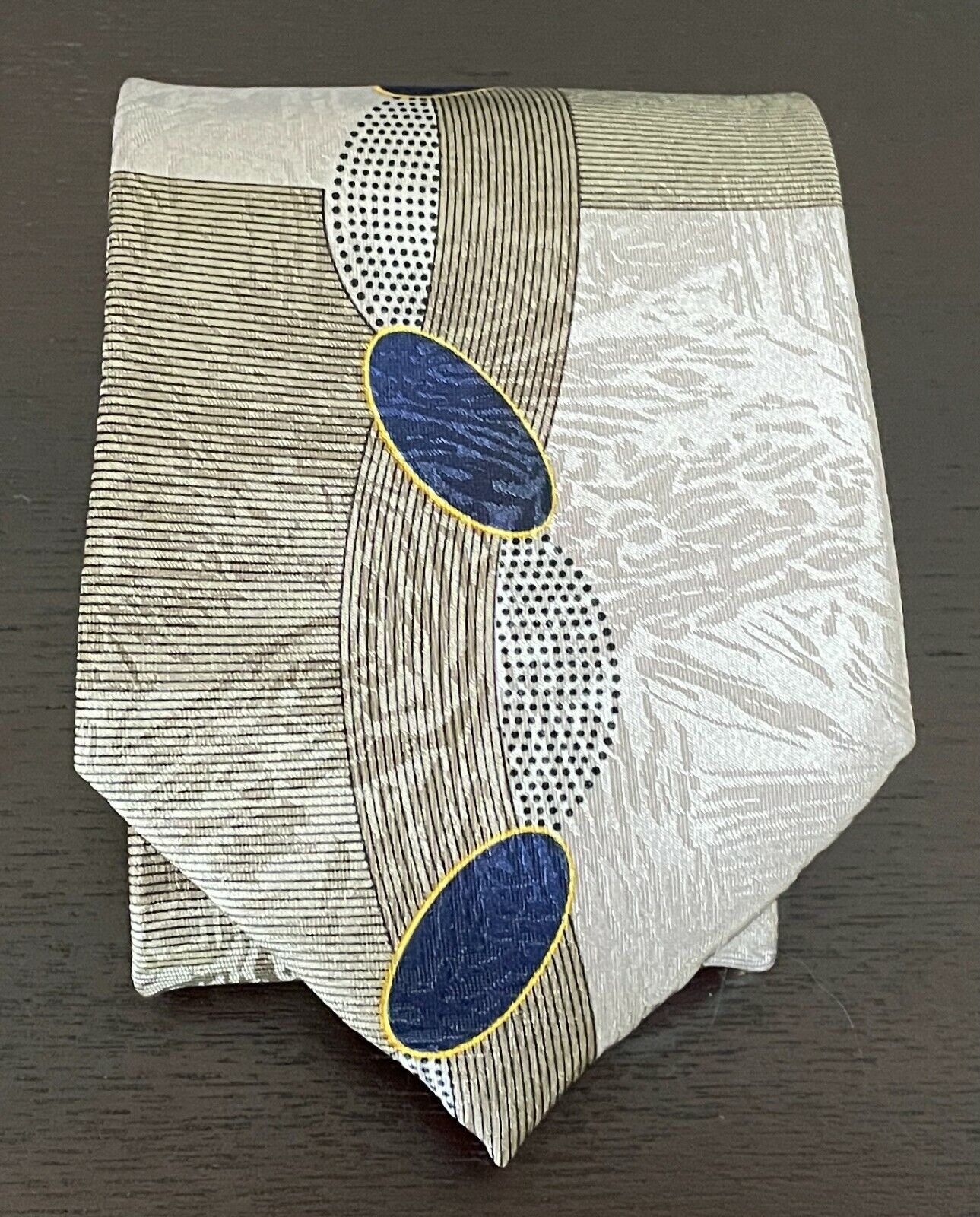 Mens Silk Tie MOULIN ROUGE Champagne Navy Khaki Gold Print Formal NeckTie NEW