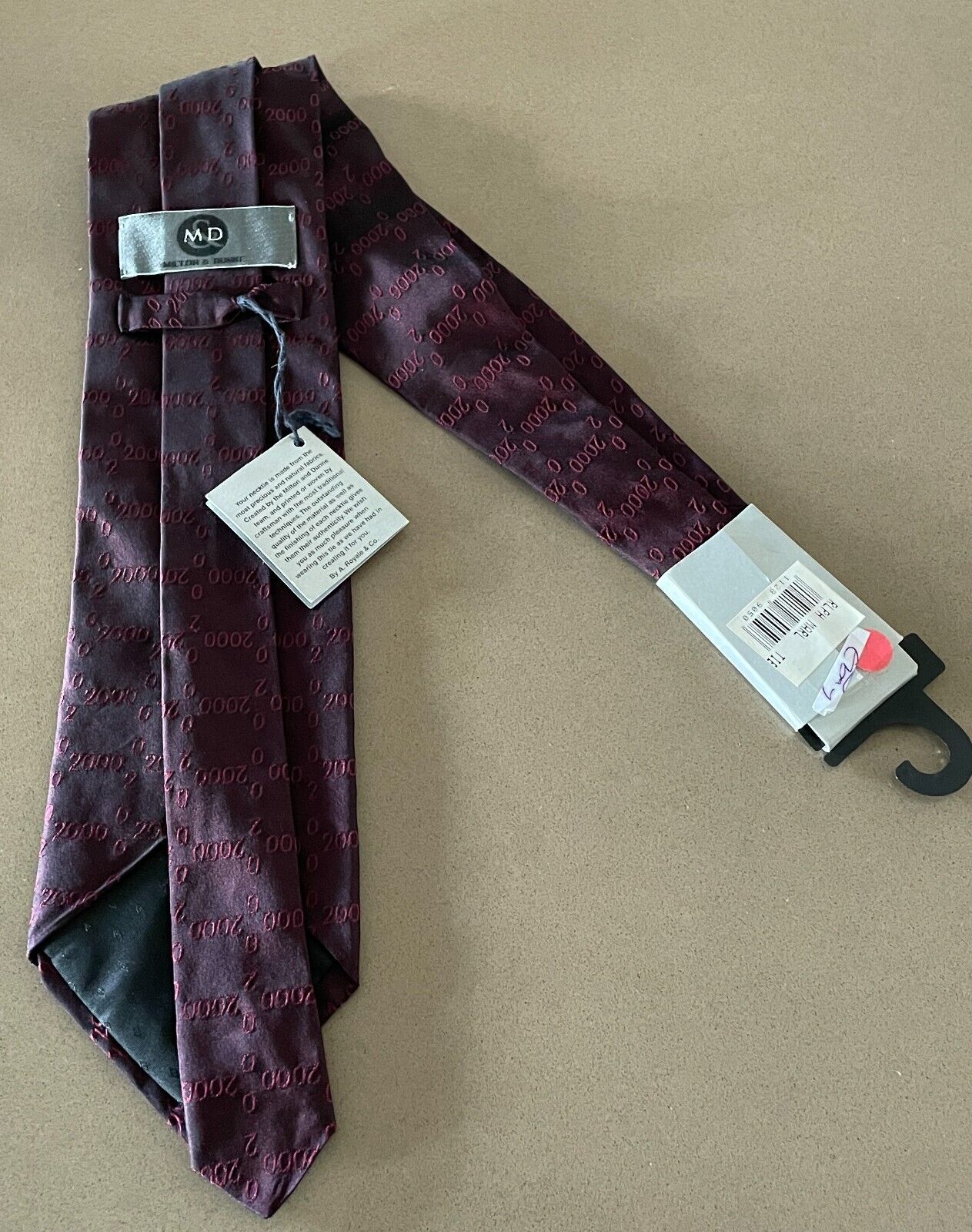 Year 2000 Neck Tie MILTON & DUNNE Vintage Silk Burgundy Party Theme Costume Y2K