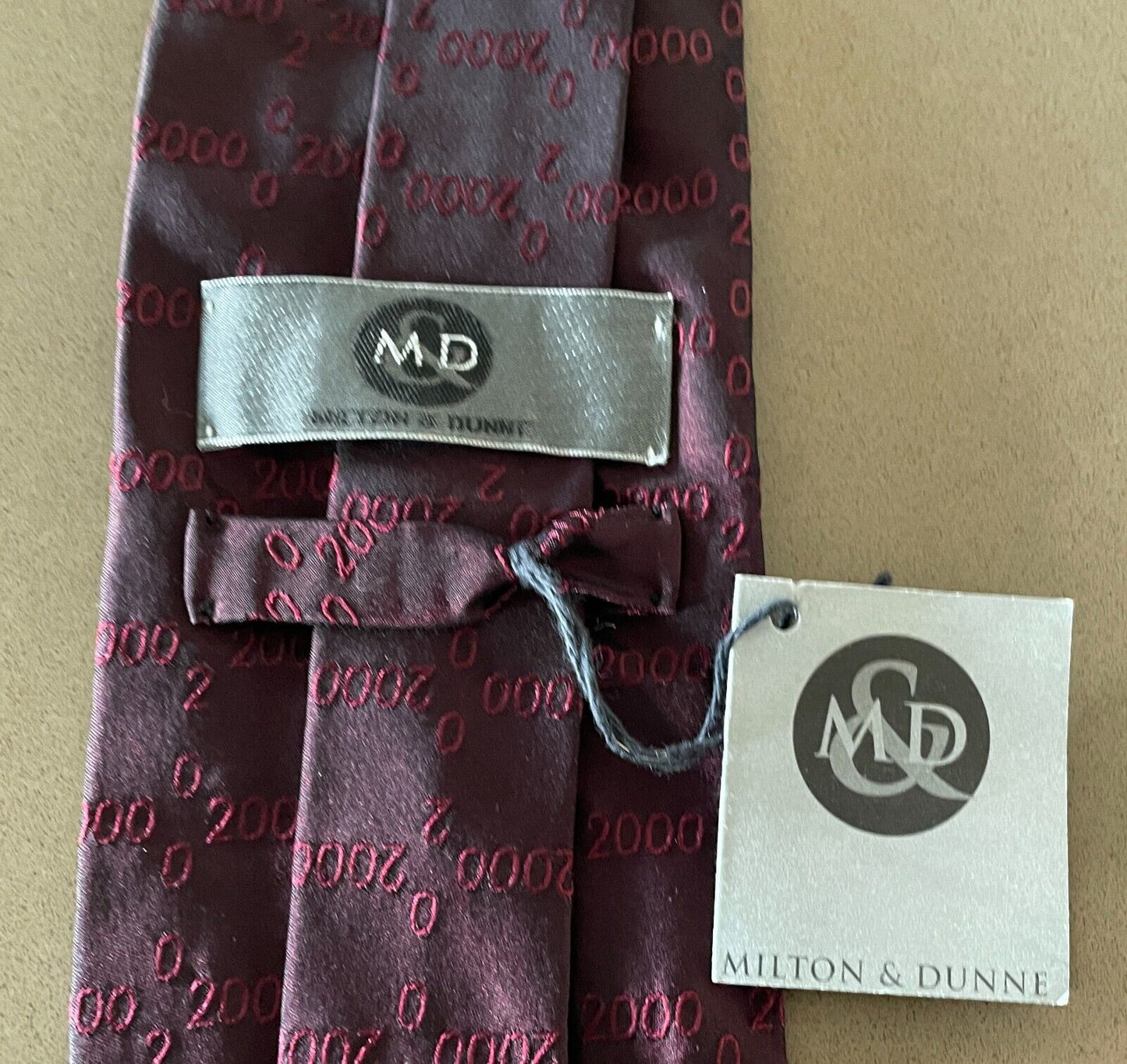 Year 2000 Neck Tie MILTON & DUNNE Vintage Silk Burgundy Party Theme Costume Y2K