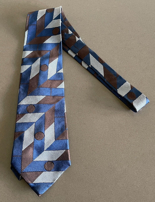 Mens RIVER OF SILK Tie Blue Brown Silver Geometric Print NeckTie