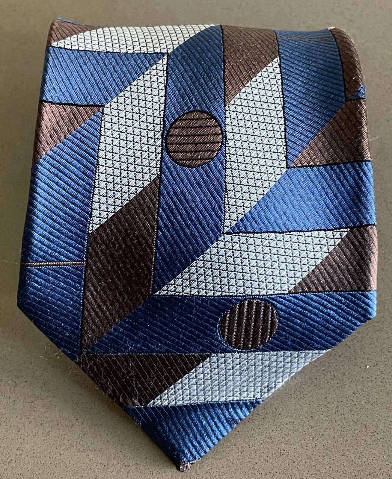 Mens RIVER OF SILK Tie Blue Brown Silver Geometric Print NeckTie