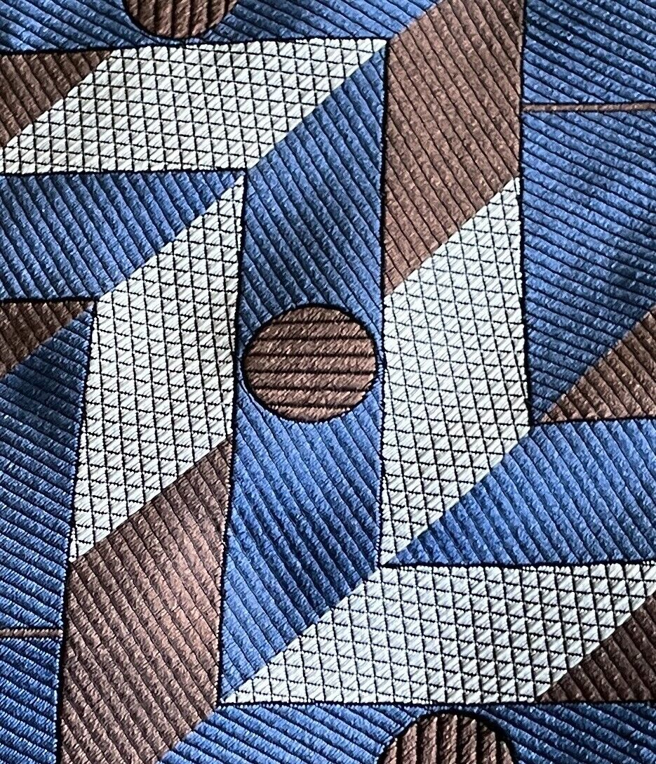 Mens RIVER OF SILK Tie Blue Brown Silver Geometric Print NeckTie