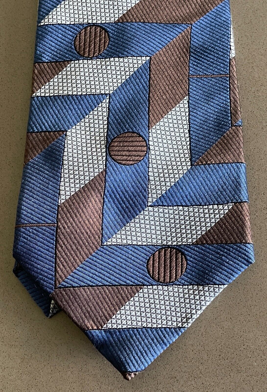 Mens RIVER OF SILK Tie Blue Brown Silver Geometric Print NeckTie