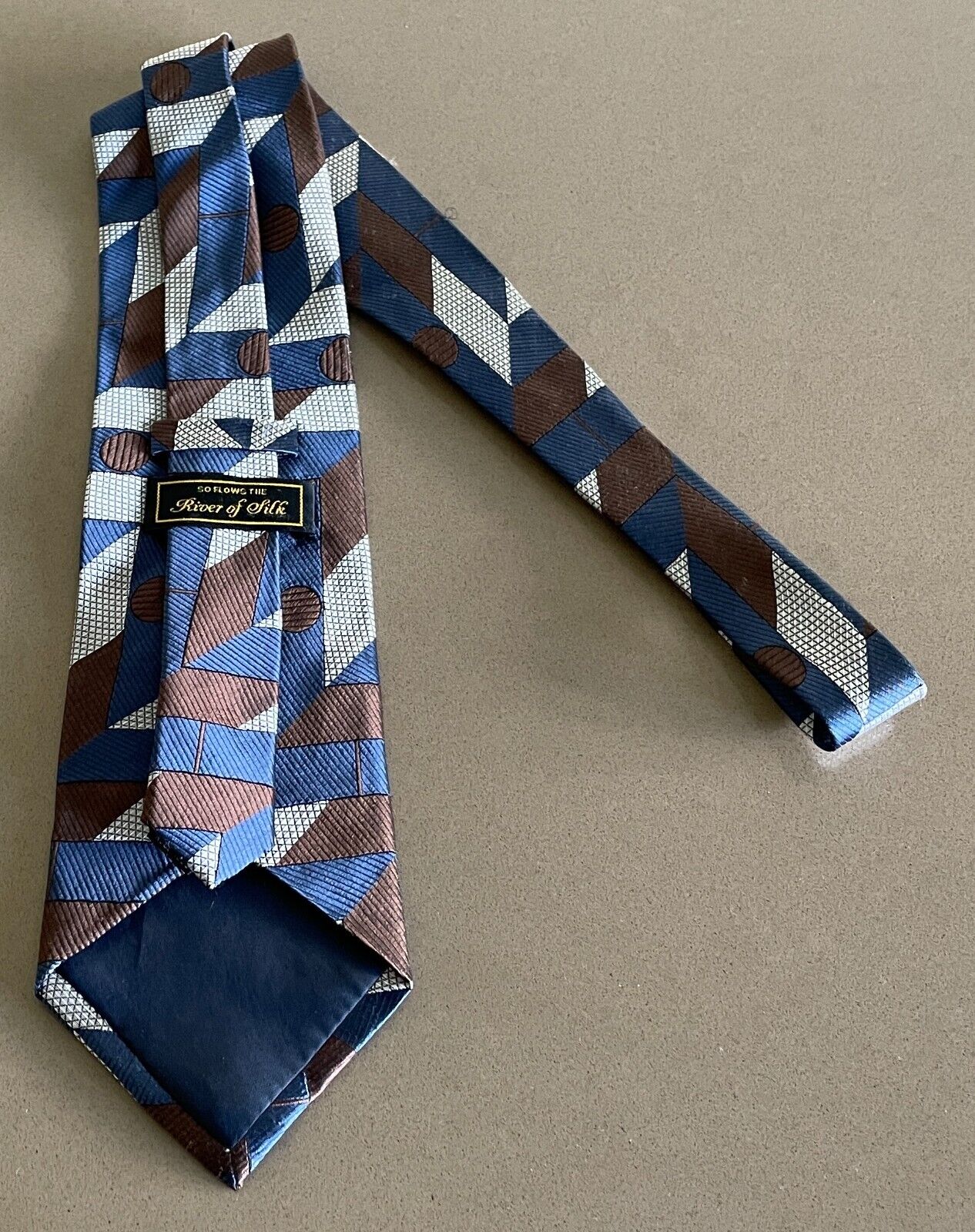 Mens RIVER OF SILK Tie Blue Brown Silver Geometric Print NeckTie