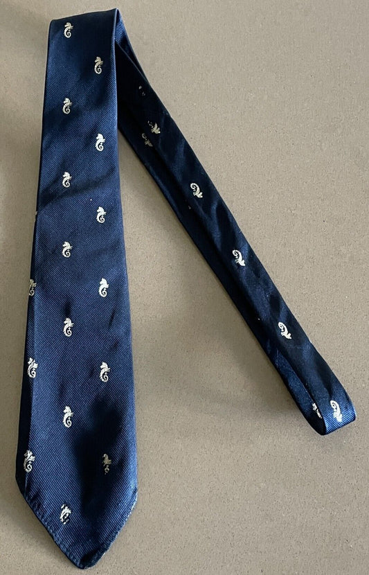 Mens Silk Tie Vintage Navy Blue & Off White Sea Horse Print NeckTie