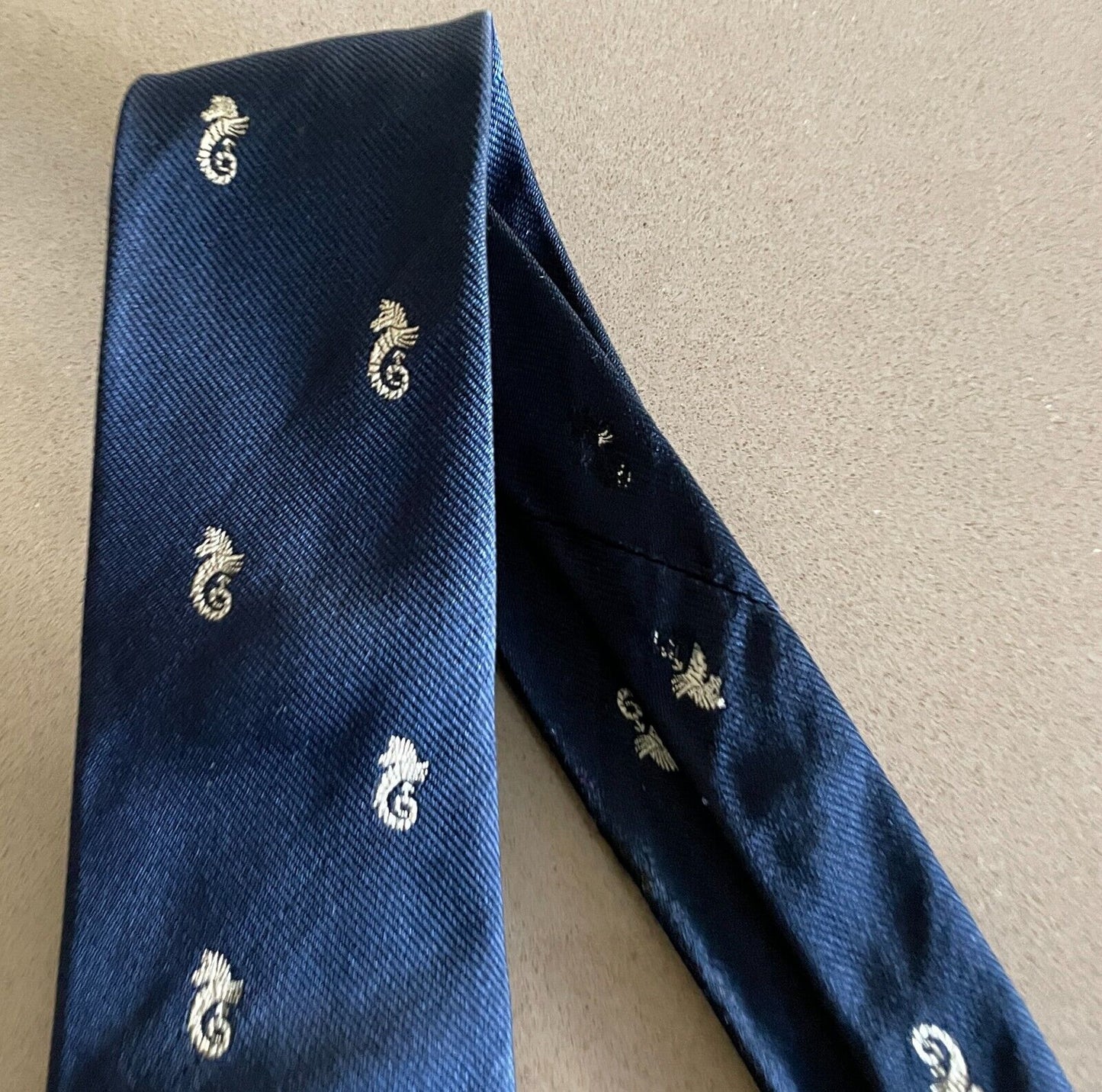 Mens Silk Tie Vintage Navy Blue & Off White Sea Horse Print NeckTie