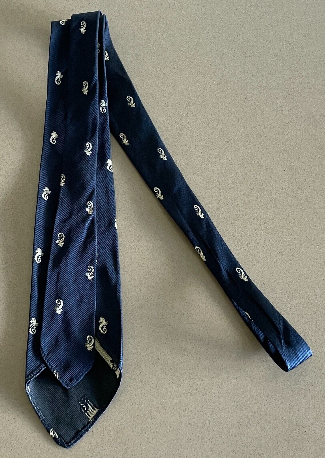 Mens Silk Tie Vintage Navy Blue & Off White Sea Horse Print NeckTie