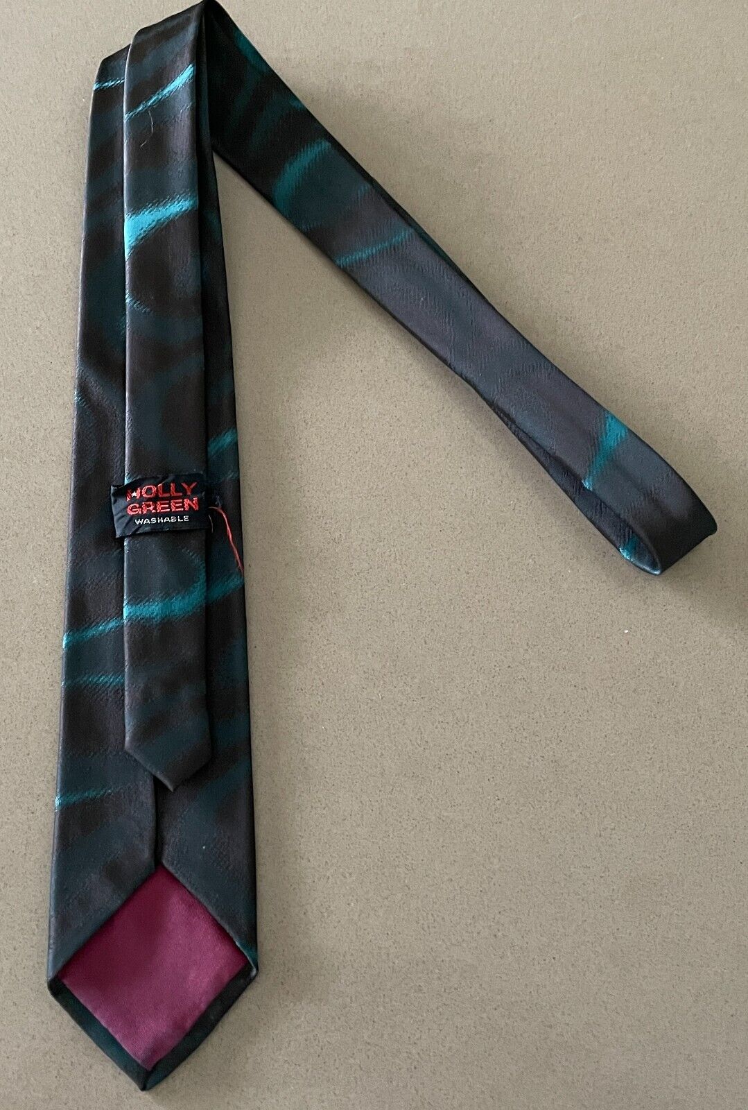Mens Vintage HOLLY GREEN NeckTie Jade & Brown Swirl Print Thin Tie