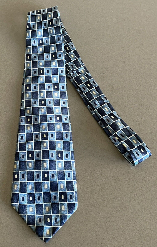 Mens Silk NeckTie GILO RIATTI Navy Light Blue  Cream Taupe Tile Print Neck Tie