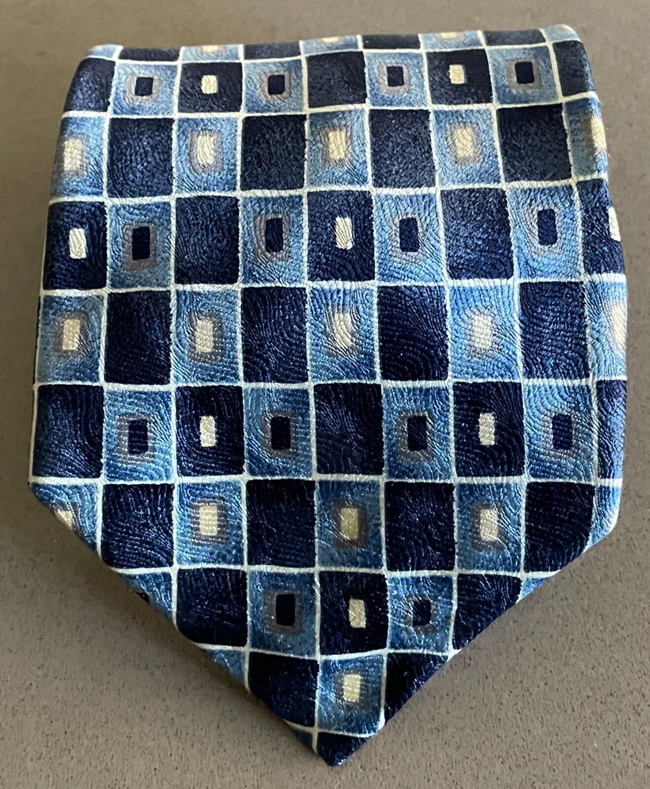 Mens Silk NeckTie GILO RIATTI Navy Light Blue  Cream Taupe Tile Print Neck Tie