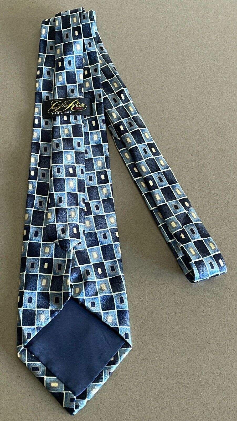 Mens Silk NeckTie GILO RIATTI Navy Light Blue  Cream Taupe Tile Print Neck Tie