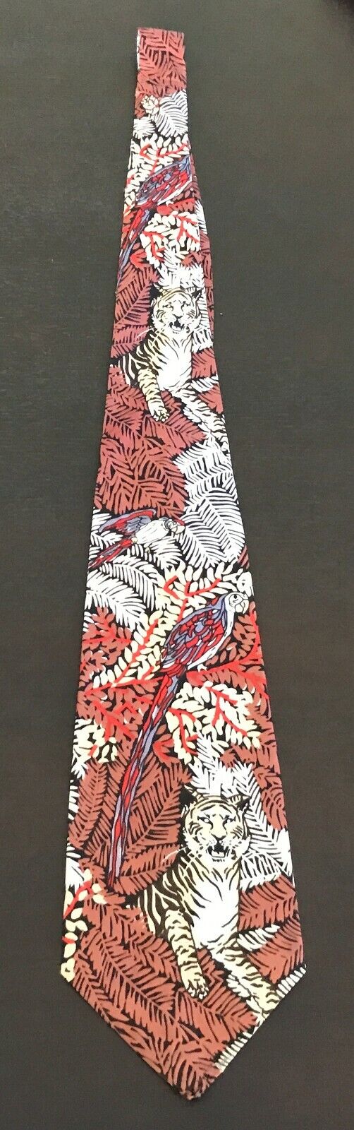 Mens NeckTie GARY DAVID Loud Wide Tiger & Parrot Print Colourful NEW 1970's Tie