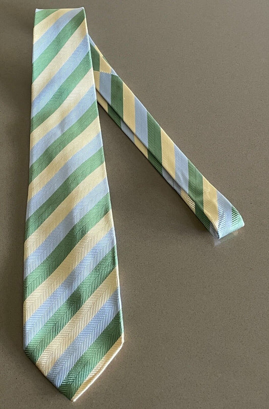 COUNTRY ROAD Silk Tie Neck Pale Yellow Blue Green Stripe Mens