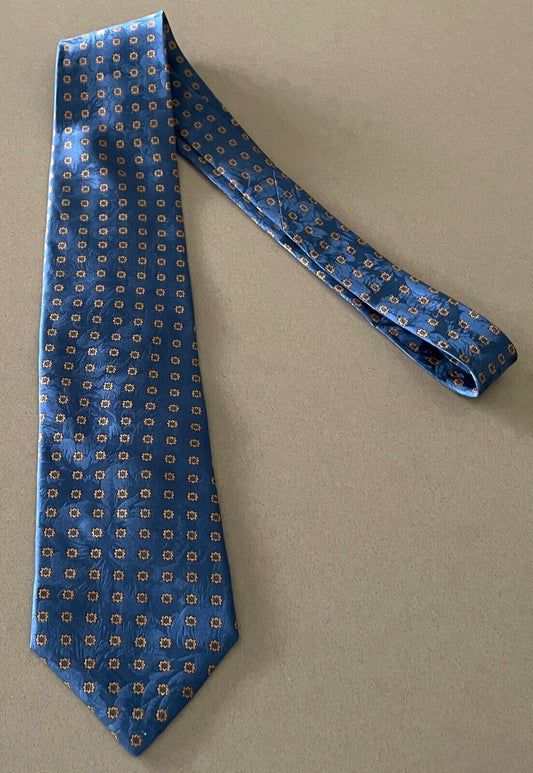 Mens Silk Tie DE NIRO NeckTie Blue Jacquard and Gold Floral Print Hand Made