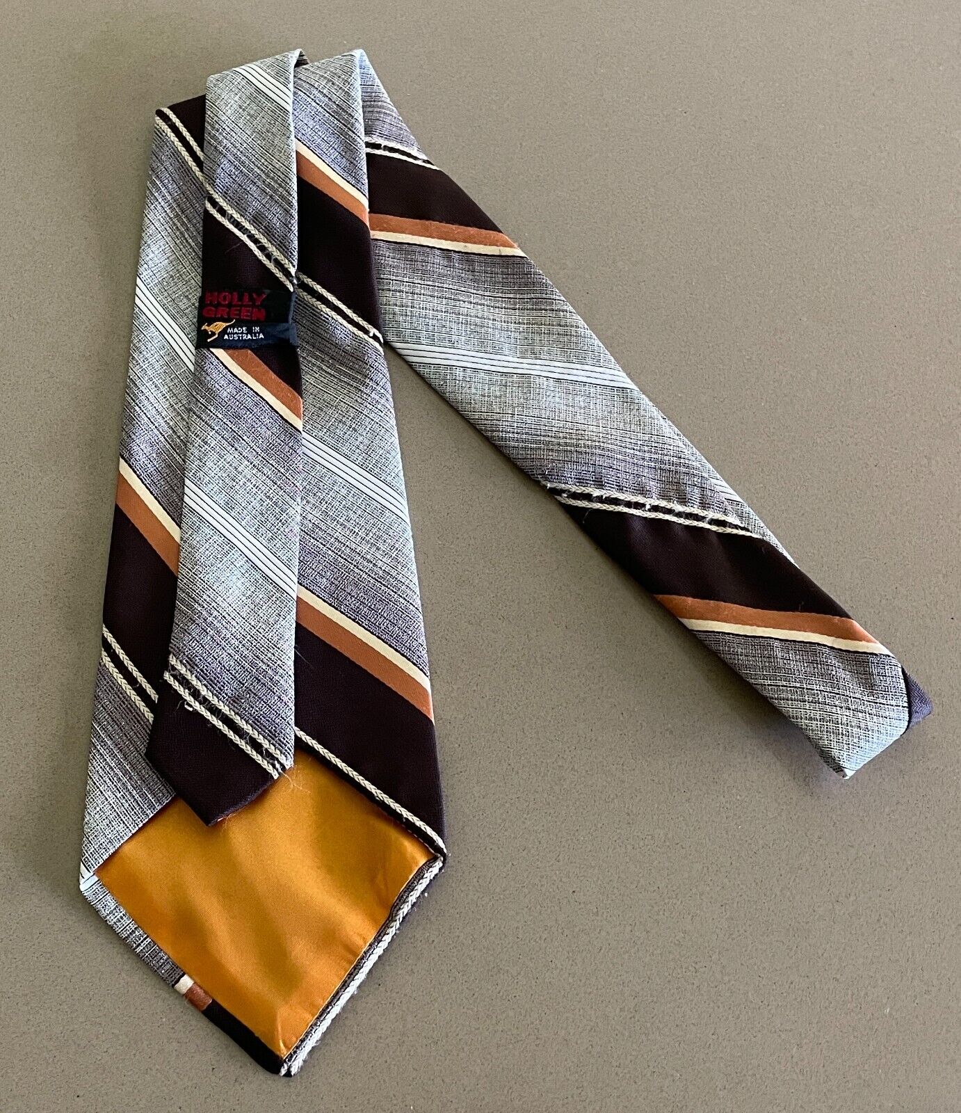 Vintage Mens NeckTie HOLLY GREEN Shades of Brown Beige Caramel Stripe Wide Tie