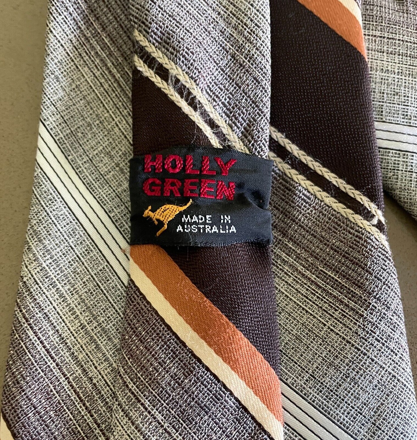 Vintage Mens NeckTie HOLLY GREEN Shades of Brown Beige Caramel Stripe Wide Tie
