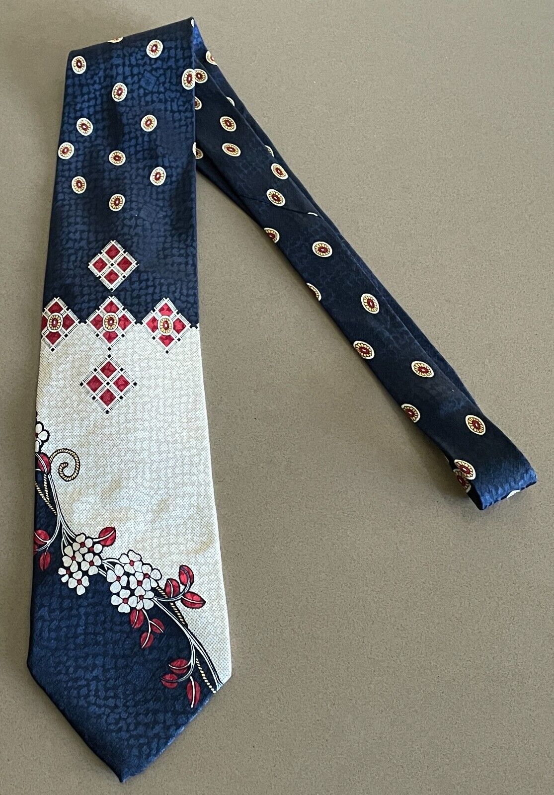 Mens KOFA Silk NeckTie Navy Burgundy Cream Pale Yellow Floral Artwork Neck Tie